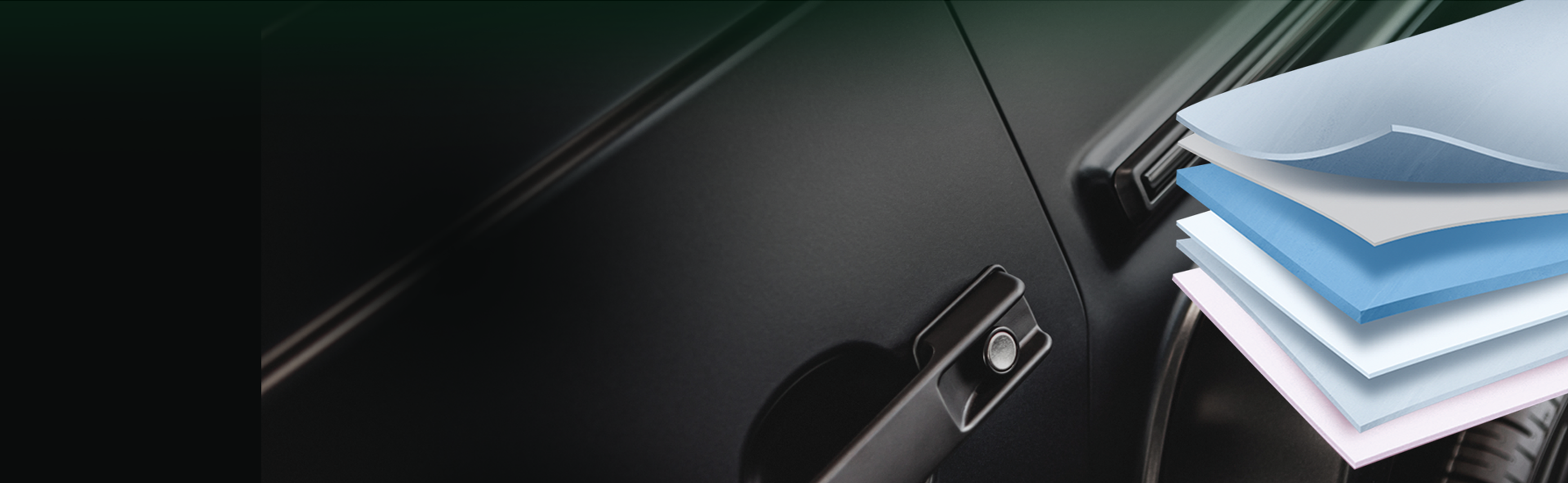 Partial view of a car alongside a six-layer diagram illustrating Castrol paint protection film, highlighting comprehensive protection, anti-yellowing TPU, nano-metal dual coating, and high-quality adhesive for easy installation and durable performance.