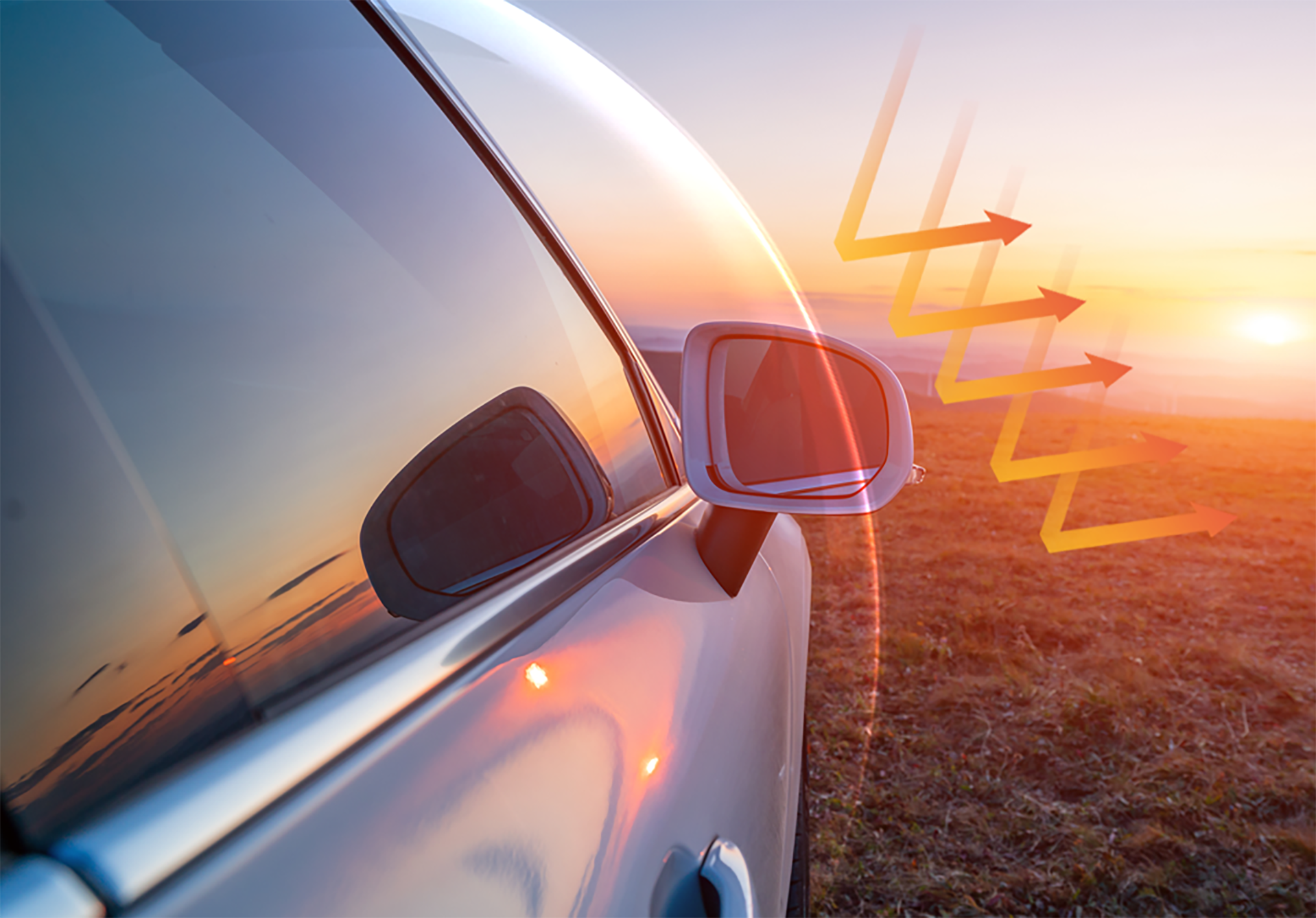 Side view of a car with Castrol automotive window film, providing high-efficiency heat insulation and blocking 99% of UVA rays to protect skin and interiors.