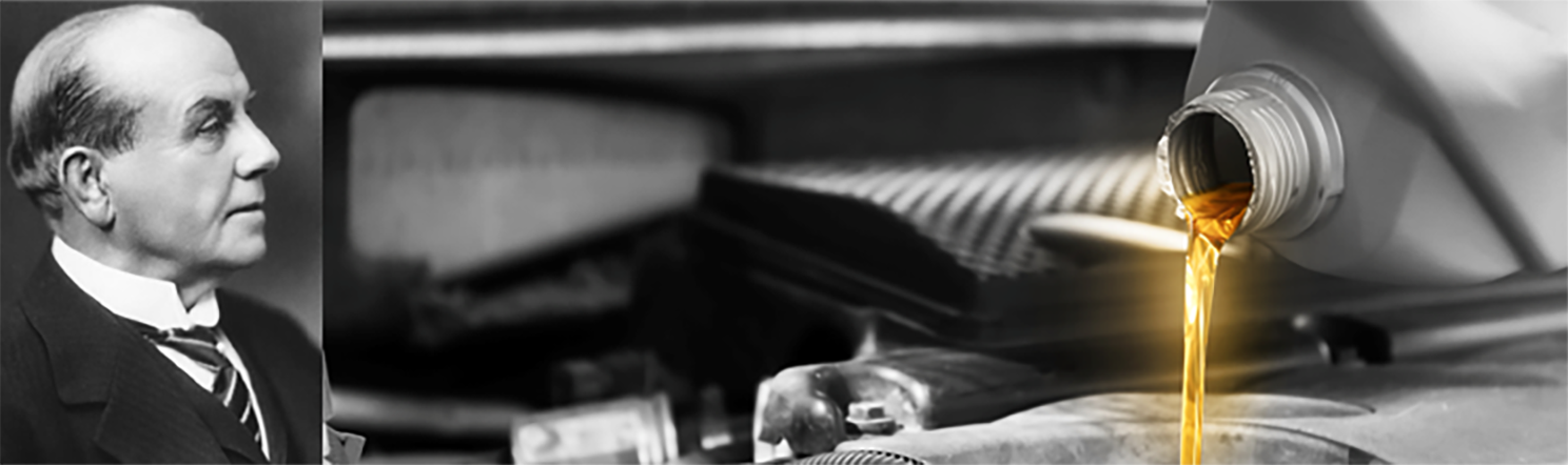 Portrait of Castrol founder Charles “Cheers” Wakefield with classic Castrol motor oil products.